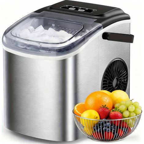 Machine à glaçons compacte (poignée transport) : 9 glaçons/6min, 12kg/24h, autonettoyante, 2 tailles – idéale pour cuisine, bureau et fêtes