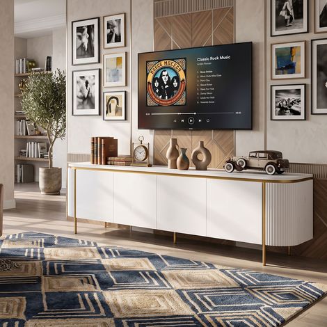 Creahappy Meuble TV 180x38x46 cm avec Rangement - Optimisation de l'Espace - Design Soigné Blanc et Doré 6 Portes Pieds Métal (1/5)