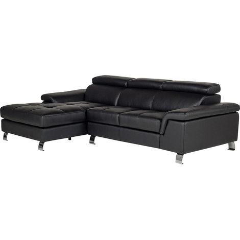 Vente-Unique – Canapé d'angle cuir MISHIMA 4 places – Noir – Angle gauche – Têtières relax ajustables – Structure bois et métal (1/5)