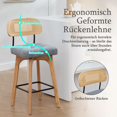 Set di 2 sgabelli da bar girevoli a 360°, sgabelli da cucina e da bar per la colazione con schienale, schienale in rattan con seduta imbottita, sgabelli da bar in stile moderno di metà secolo (grigio, (1/5)