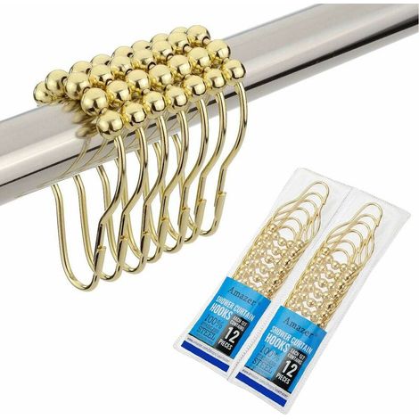 Paquet de 2 anneaux de crochets de rideau de douche, anneaux et crochets de rideau de douche en acier inoxydable résistant à la rouille-ensemble de 24 dorés poli (1/5)