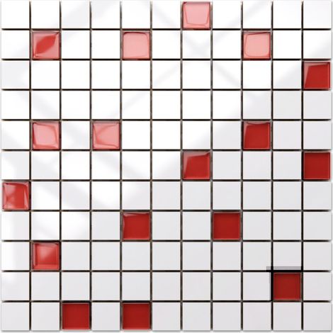 Ilcom Keramikmosaik mit Glaseinsätzen für Bad oder Küche 30cm x 30cm - White-red