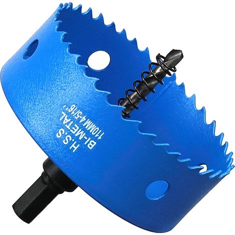 Scie cloche - 110 mm - Acier rapide HSS M42 bi-métal - Scie-cloche avec tige hexagonale et foret pour bois, construction sèche et tôle métallique - 1 pièce - Bleu (1/5)