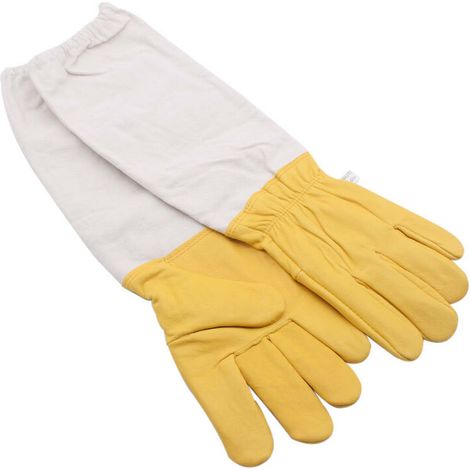 Gants d'apiculture Gants de Protection en Peau de Mouton Gants avec Manches Longues Professionnel Anti Abeille pour Apiculture Apiculteur - Jaune et Blanc (1/5)