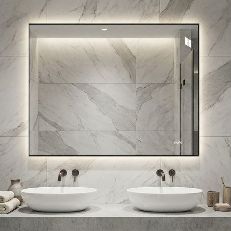 Miroir LED de salle de bain 90x70 cm, cadre aluminium noir, anti-buée, 3 couleurs (1/5)