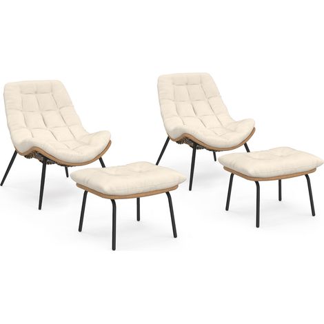 2er-Set Relax-Gartensessel LOA in Rattanoptik mit ecrufarbenen Kissen und Fußstütze