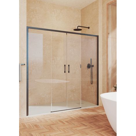 SOULBATH Paroi de douche 2 coulissantes + 2 fixes, sans profilé inférieur, verre de sécurité 6 mm anticalcaire, 139 à 143cm x 195cm H, Noir