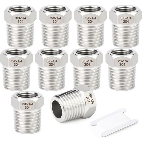 10 pièces Réducteur hexagonal en acier inoxydable 304, 3/8" BSP mâle x 1/4" BSP femelle, Adaptateur de réduction de tuyau, pour l'eau, l'huile, l'air et le gaz (1/5)