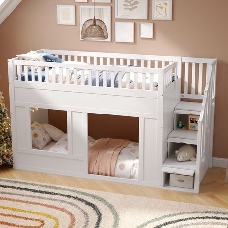 DESVIAE Lit superposé enfant 90 x 200 cm en bois massif blanc avec escalier de rangement sommier inclus couchage supérieur espace inférieur modulable pour jeu étude ou couchage d appoint (1/5)