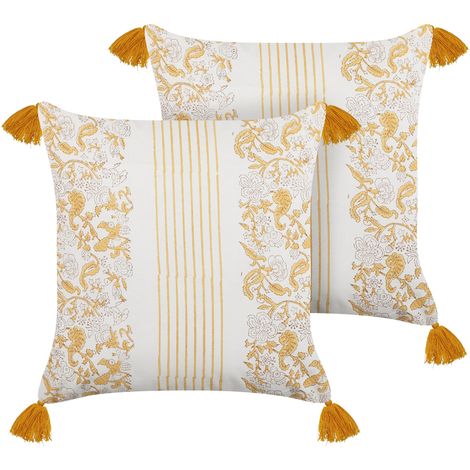 Conjunto de 2 cojines de algodón amarillo blanco 45 x 45 cm floral a mano Biloba