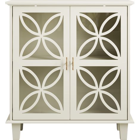 Buffet de Rangement avec 2 Portes en Verre Trempé et Étagères Réglables, Style Rétro, en MDF, Crème