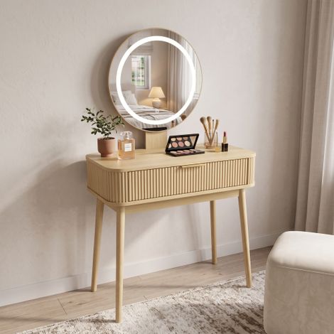 Table de Coiffure avec Miroir et Éclairage LED, Vanité de Maquillage 80 x 40 x 133 cm, Rangement avec Tiroirs Extra-Larges, Gain de Place pour Petite Chambre, Finition Chêne (1/5)