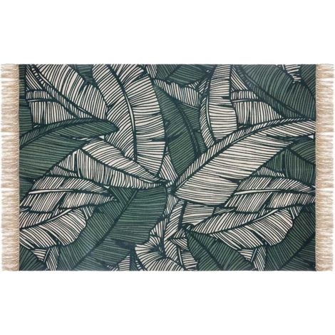 Atmosphera – Tapis déco à franges rectangulaire 120x170cm en coton vert – Motif jungle – Facile d'entretien pour divers décors (1/2)