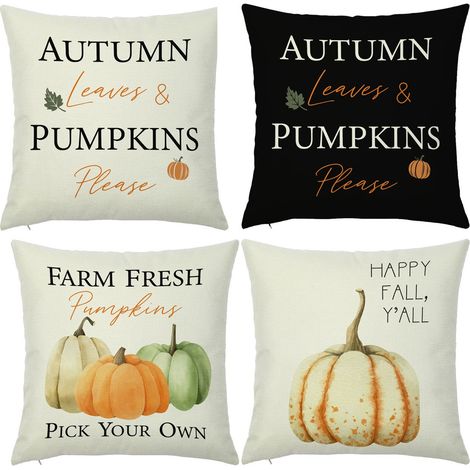 Housse de coussin automne 18x18 - Lot de 4 housses de canapé imprimées de tournesols, de citrouilles et de fleurs à l'aquarelle. (1/4)