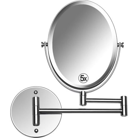 Sollbry Wandmontierter Badezimmerspiegel zum Schminken und Rasieren, doppelseitige 5-fache und 1-fache Vergrößerung, 7 Zoll ausziehbarer Schwenkarm, 17 cm Glasoberfläche, Chrom (1/5)