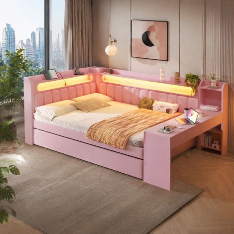 Lit banquette 140x200 cm en tissu rose, gain de place avec LED et USB, pour chambre FloraGrace (1/5)