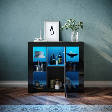 SONNI Credenza 1 Anta con LED Madia Moderna Soggiorno Mobiletto Cucina Scomparto Aperto Con Vetro Temperato Nero 90x35x83cm (1/5)