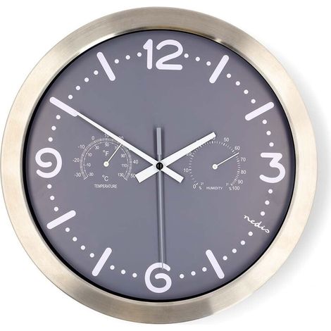 Nedis Wanduhr / Durchmesser: 300 mm / Edelstahl / Leise Bewegung / Thermometer (Temperatur) / Hygrometer / Grau / Metall