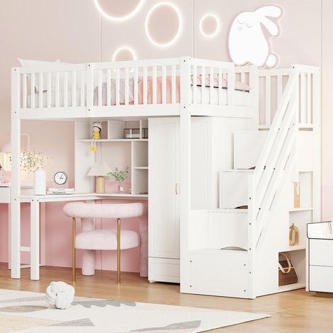 Cama alta 90x200 cm blanca de madera con armario, escritorio, estantería y escalera con cajones (1/5)