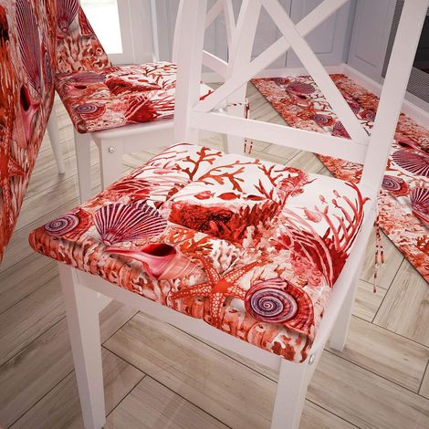 Coussins de Chaise Cuisine, Lot de 6 Galettes Microfibre avec Liens, Motif Corail Rouge, Fabriqué avec Amour et Passion en Italie Depuis 1968 (1/5)
