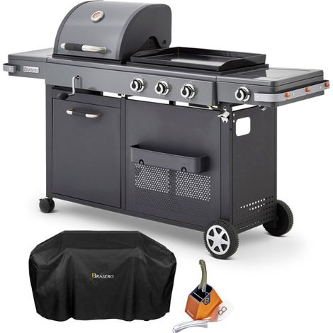 Brasero – Barbecue à gaz Bi-Energy XL – 3 brûleurs 10,8 kW – Plancha fonte émaillée 60 x 42 cm – Pour 14 convives – Housse et kit spatules inox inclus