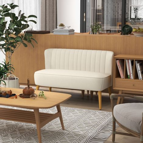 Canapé 2 places Bois Blanc tissu effet lin sans accoudoirs pieds crème 117x56,5x77 cm