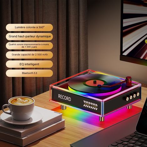 Enceinte Bluetooth 5.3 Noir, Enceinte de Disque Vinyle avec Effet Lumière RGB, Subwoofer 10 Watts Son HiFi Stéréo, Batterie 2500 mAh, EQ Intelligent, Portable pour Maison Bureau Voiture Extérieur (1/5)
