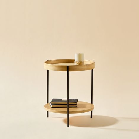 Tavolino rotondo 44x44x48 cm in legno e metallo naturale con ripiani FloraGrace (1/5)