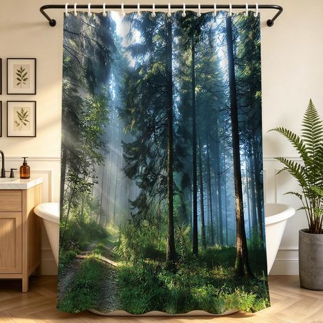 Rideau de douche 120x180 cm Forêt Jungle, Ourlet lesté Anti-moisissure en textile, Hydrofuge, Lavable en polyester Rideaux de bain avec 12 œillets et tringles pour salle de bain, baignoire (1/5)