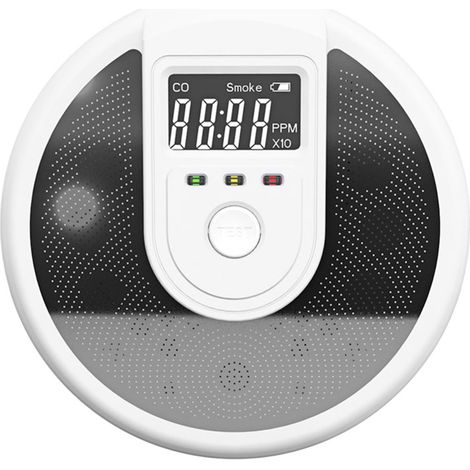 Rilevatore combinato di fumo e monossido di carbonio a batteria con display LCD e allarme vocale.