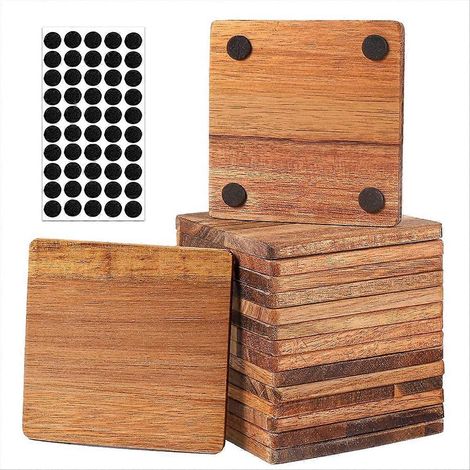16 unfertige Holzuntersetzer, 10 cm Quadrate - Holzuntersetzer für Bastelarbeiten mit rutschfesten Silikongriffen (1/5)