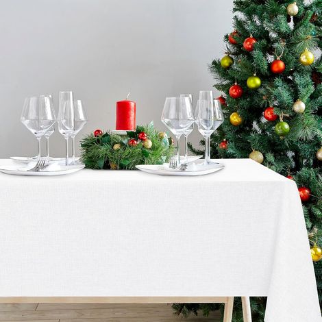 Nappe Blanc Tissu Aspect Lin Lavable Imperméable Rectangulaire Anti Tache 135 x 240 cm Salle Manger Exterieur Jardin Fête Mariage ou (1/4)