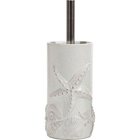 Porta Scopino WC da bagno in Ceramica Bianca con Decori Marini a Rilievo Conchiglie e Stelle Marine Design Elegante Accessorio Bagno Completo di spazzolone