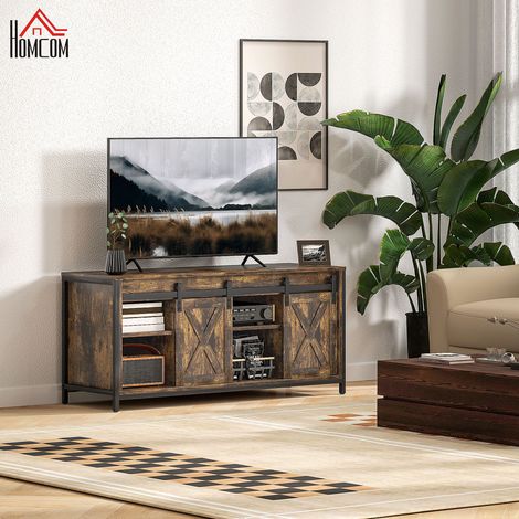 Mobile TV in compensato marrone con struttura nera, 120x40x54 cm, 6 vani, 2 ante scorrevoli, stile industriale (1/5)