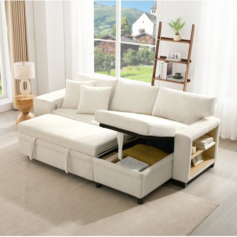 Divano letto angolare 231x131.5x84 cm beige in velluto a coste con contenitore, USB e Type-C (1/5)