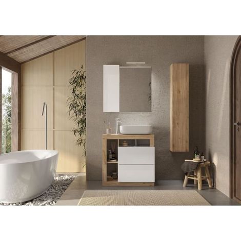 Ensemble meuble salle de bain 78 cm – Vasque céramique + 2 tiroirs + 3 niches + colonne – Coloris chêne clair et laqué blanc (1/5)