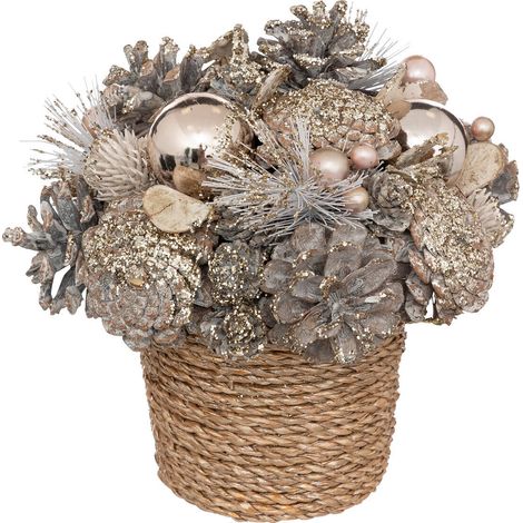 Dekoration aus Zapfen und Christbaumkugeln in geflochtenem Blumentopf, 19 cm