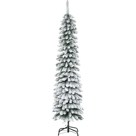 Albero di Natale artificiale, innevato, dal design sottile, ignifugo, 180 cm, verde/bianco