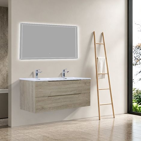 Meuble salle de bain design double vasque COMBO largeur 120 cm chêne clair texturé 90 cm (1/5)