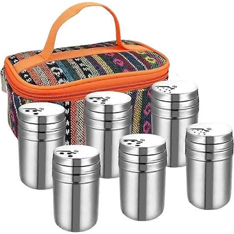 6-teiliges Gewürzset aus Edelstahl für Camping, inklusive Reisetasche, bestehend aus Salz und Pfeffer für trockene Gewürze, Zucker und Salz. (1/5)