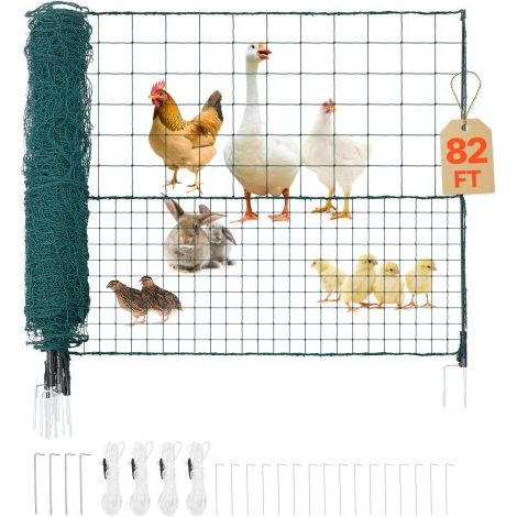 Valla de Pollos y Perros, 1,25 m x 25 m, Red de Protección para Jardines y Huertos, con Postes y Estacas de Doble Punta, Malla de Densidad Mezclada, para Aves de Corral Cría de Animales, Verde (1/5)