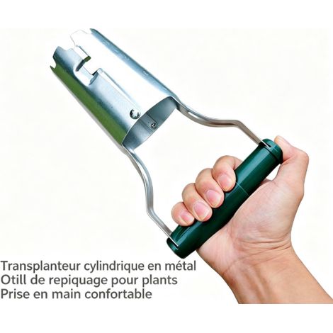 Transplanteur cylindrique métallique pour repiquage des plants, poignée ergonomique antidérapante (1/5)