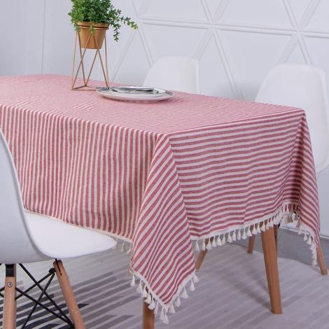 Nappe rectangulaire en coton et lin à rayures rouges, nappe à pompons, lavable, résistante à l'huile et aux taches, facile d'entretien, 120 x 160 cm (1/5)