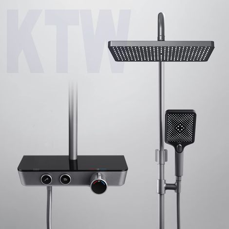 Kit de douche avec thermostat, système de douche à effet pluie, douchette à 3 jets, kit colonne de douche avec étagère en verre, anthracite mat (1/5)