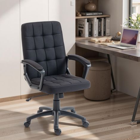 Sedia da ufficio girevole rivestita in tessuto sintetico effetto lino, regolabile in altezza, inclinabile, con schienale medio e braccioli, colore nero. (1/5)