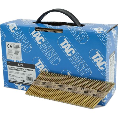 TACWISE 1721 Chiodi Inclinati a 34° 3,1/65 mm, Zincati Extra con Testa a ‘D’, Gambo Anellato, Fascicolati con Carta, Confezione da 1600 (1/4)