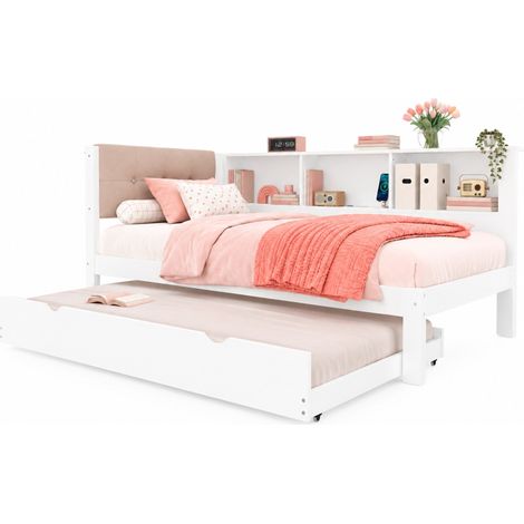 Cama nido 90x200 cm con cama extraíble, 3 estantes laterales, USB y LED regulable, estructura de pino y MDF, blanco, para dormitorio juvenil  CHICFURN (1/5)