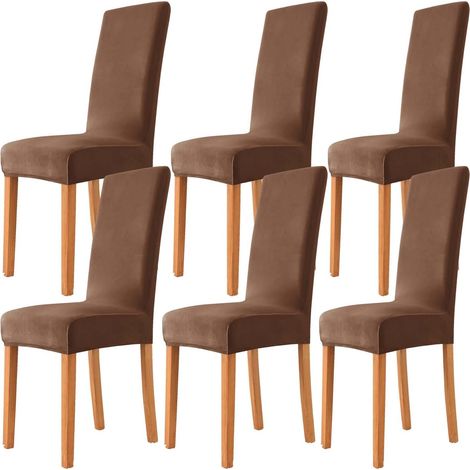 Housse de chaise en velours extensible 6 pièces, universelle, pour cuisine, salon, douce, confortable, couleur café (1/5)