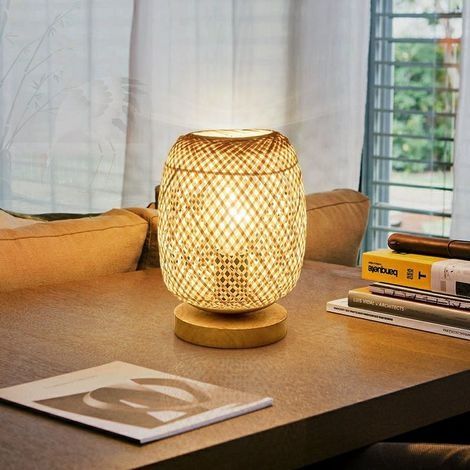 Bambou Tissage Lanterne Lampe de Table Lampe de Chevet Style Japonais Veilleuse Décorative Table Lumineuse Éclairage de Table Abat-Jour en Bambou pour Chambre, Salon, Gradateur (1/3)