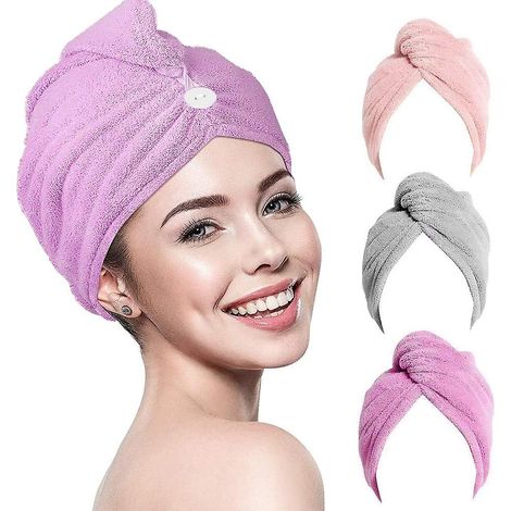 Set mit 3 Mikrofaser-Turbanhandtüchern zum schnellen Haaretrocknen dank praktischem Klettverschluss. Ultra saugfähig und weich – ideal für Frauen. (1/5)